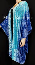 Blue Turquoise Camellia Burnout Velvet Caftan Kimono Hand Dyed Maya Matazaro USA