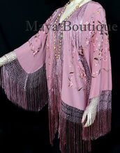 Embroidered Silk Fringe Jacket Kimono Strawberry Ice Multi Birds Flower Maya