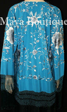 Flamenco Embroidered Silk Fringe Jacket Kimono Teal & Gray Short Maya Matazaro