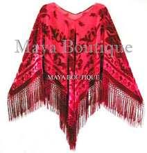 Silk Burnout Velvet Poncho Top Fringe Piano Shawl Wrap True Red Maya Matazaro