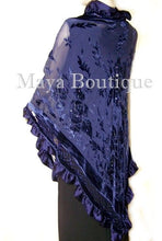Navy Blue Shawl Scarf Wrap Silk Burnout Velvet Triangle Ruffles Maya Matazaro