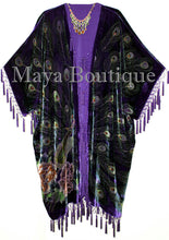 Maya Kimono Opera Coat Duster Beaded Silk Burnout Velvet Peacock Purple PLUS