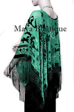 Emerald Green Silk Burnout Velvet Poncho Fringe Top Shawl Maya Matazaro