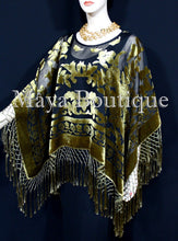 Maya Matazaro Antique Gold & Black Burnout Velvet Poncho Shawl Top With Fringes