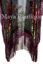 Maya Matazaro Tye Dye Burgundy Multi Fringe Kimono Burrnout Velvet Jacket Coat