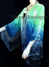 Burnout Velvet Silk Fringe Jacket Kimono Hand dyed Green Teal Maya Wearable Art