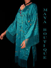 Silk Kimono Duster Coat Kimono All Embroidered & Lined Turquoise Maya Matazaro
