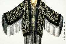 Maya Matazaro Fringe Jacket Kimono Bolero Silk Burnout Velvet Beige & Black