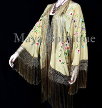 Gold Beige Silk Embroidered Fringe Jacket Flamenco Kimono Multi Maya Matazaro