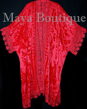 Red Lace & Burnout Velvet Kimono Caftan Jacket Duster Maya Matazaro Plus