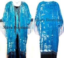 Aqua Kimono Fringe Jacket Opera Coat Silk Burnout Velvet Maya Matazaro USA Made