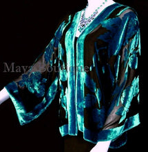 Aqua & Black Silk Burnout Velvet Jacket Short Kimono No Fringe Maya Matazaro