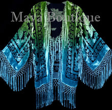 Art to Wear Devore Velvet Kimono Jacket Hand Dyed Green Turquoise Maya Matazaro