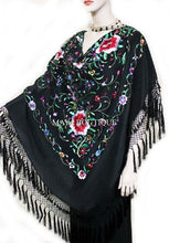 Embroidered Silk Piano Shawl Wrap Flamenco Roses Black Fringe 61" Maya Matazaro