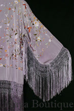 Maya Matazaro Embroidered Silk Fringe Jacket Kimono Lilac Multi Birds Flower