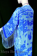 Sky Blue Silk Burnout Velvet Fringes Jacket Kimono Long Coat Maya Matazaro USA