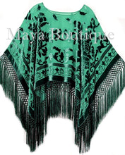 Emerald Green Silk Burnout Velvet Poncho Fringe Top Shawl Maya Matazaro