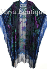 Maya Matazaro Tye Dye Navy Blue Multi Fringe Kimono Burrnout Velvet Jacket Coat