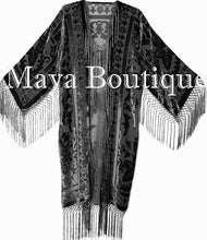 Black Silk Burnout Velvet Fringes Jacket Kimono Long Coat Maya Matazaro
