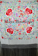 Flamenco Embroidered Silk Piano Shawl Wrap White Flower & Birds Multicolors 90"