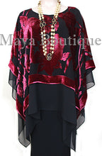 Maya Matazaro Layered Poncho Top Silk Burnout Velvet & Chiffon Red & Black