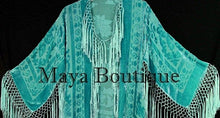 Maya Matazaro Silk Burnout Velvet Fringes Jacket Kimono Long Coat Tiffany Mint