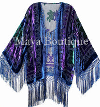 Tye Dye Teal Multi Short Fringe Jacket Kimono Silk Burnout Velvet Maya Matazaro