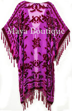 Maya Matazaro Fuchsia Beaded Silk Burnout Velvet Kimono Opera Coat Fringe Jacket
