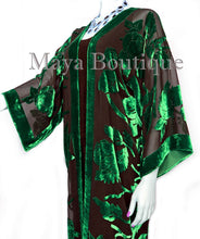 Green Long Kimono Jacket Silk Burnout Velvet No Fringe Maya Matazaro