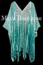 Maya Matazaro Aqua Ombre Camellia Burnout Velvet Caftan Kimono Jacket Hand Dyed
