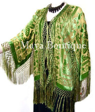 Green & Gold Fringe Jacket Kimono Silk Burnout Velvet Short Maya Matazaro