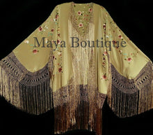 Maya Matazaro Embroidered Silk Fringe Jacket Kimono Coat Wheat Multi Short
