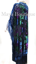 Maya Matazaro Tye Dye Navy Blue Multi Fringe Kimono Burrnout Velvet Jacket Coat