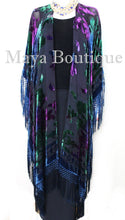Maya Matazaro Tye Dye Navy Blue Multi Fringe Kimono Burrnout Velvet Jacket Coat