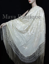 Ivory Flamenco Embroidered Silk Piano Shawl Wrap Flowers & Birds 88" Maya