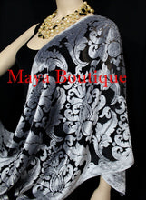 Maya Matazaro Baroque Shawl Wrap Scarf Burnout Velvet Silver Black