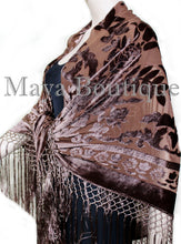 Maya Matazaro Piano Shawl Scarf Fringe Wrap Silk Burnout Velvet Chocolate Brown