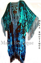 Wearable Art Kimono Caftan Fringe Jacket Silk Burnout Velvet Hand Dyed Teal Blue