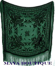 Dark Green Silk Burnout Velvet Piano Shawl Wrap Fringed Scarf Maya Matazaro