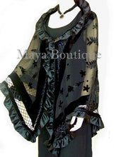 Black Shawl Scarf Wrap Silk Beaded Burnout Velvet Triangle Ruffles Maya Matazaro