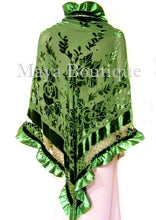 Silk Shawl Wrap Beaded Burnout Velvet Green Triangle Satin Ruffles Maya Matazaro
