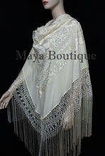 Ivory Flamenco Embroidered Silk Piano Shawl Wrap Flowers & Birds 88" Maya