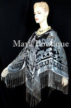 Poncho Shawl top With Fringe Silver Gray Black Burnout Velvet Maya Matazaro
