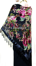 Piano Shawl Scarf Wrap Black Victorian Rose Silk Burnout Velvet Beaded Fringes