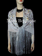 Flamenco Embroidered Silk Piano Shawl Wrap Silver Multi Flower & Birds 84" Maya