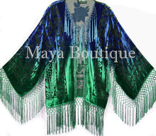 Maya Matazaro Art to Wear Burnout Velvet Kimono Jacket Hand Dyed Green Blue