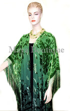 Green Wearable Art Kimono Caftan Fringe Jacket Burnout Velvet Hand Dyed Maya