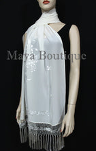 Ivory Embroidered Silk Wrap Shawl Scarf Oblong with Fringes Maya Matazaro