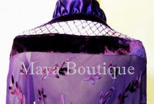 Purple Shawl Scarf Wrap Silk Burnout Velvet Bead Triangle Ruffles Maya Matazaro