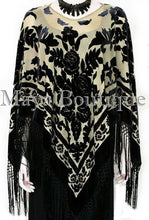 Poncho Kimono Fringe Top Shawl Beige & Black Silk Burnout Velvet Maya Matazaro